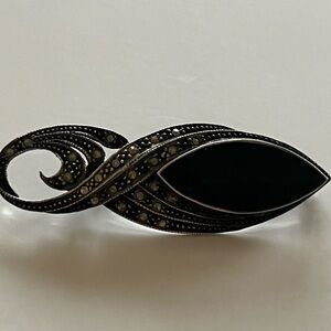 Marcasite silver tone with black stone brooch